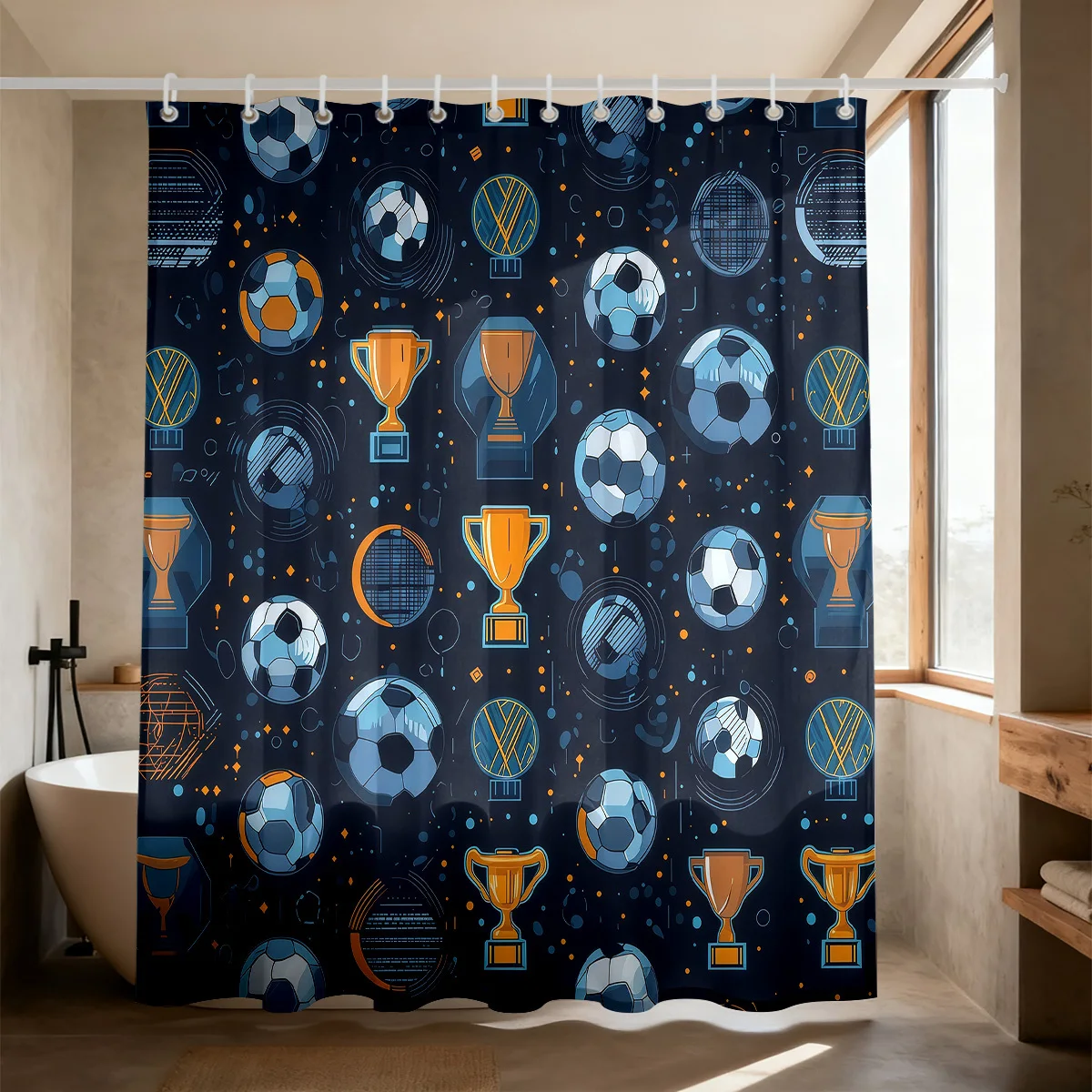 Waterproof Soccer Football Shower Curtain Trophy Design Sports Game Day Decoration Bathroom Curtain 180x180cm