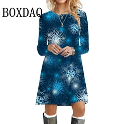 Christmas Snowflakes Dress Autumn Winter Women Party Dresses Long Sleeve 3D Print Casual Loose Mini Dress Fashion Clothing 2024