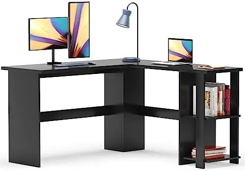 

L-Shaped Home Office Wood Corner Desk Office L-Shaped Desk with 2 Shelves is Compact L-Shaped Desk with Open Bookshelves, BHUS-X