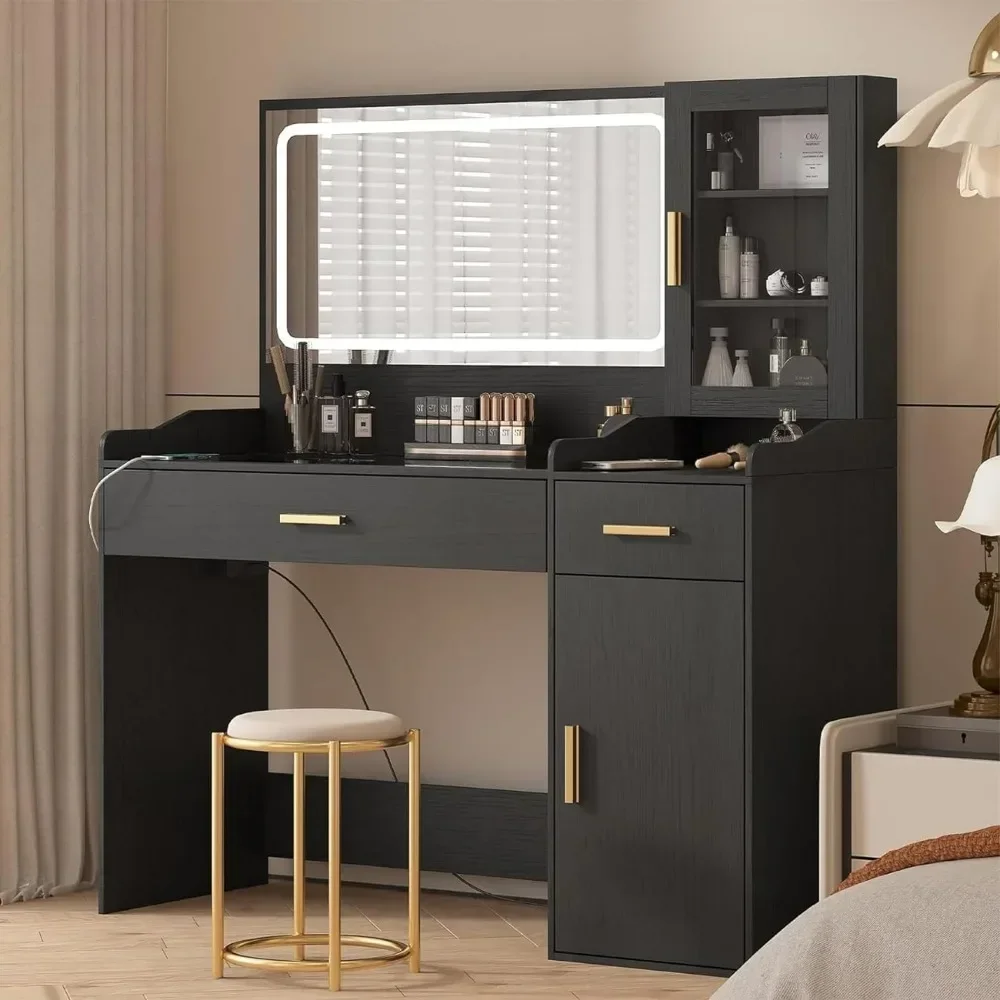 

v Vanity Desk with Lights and Mirror, Makeup Tables with Lighting and Power Strip, Dressing Tables with Large Drawer and Cabinet