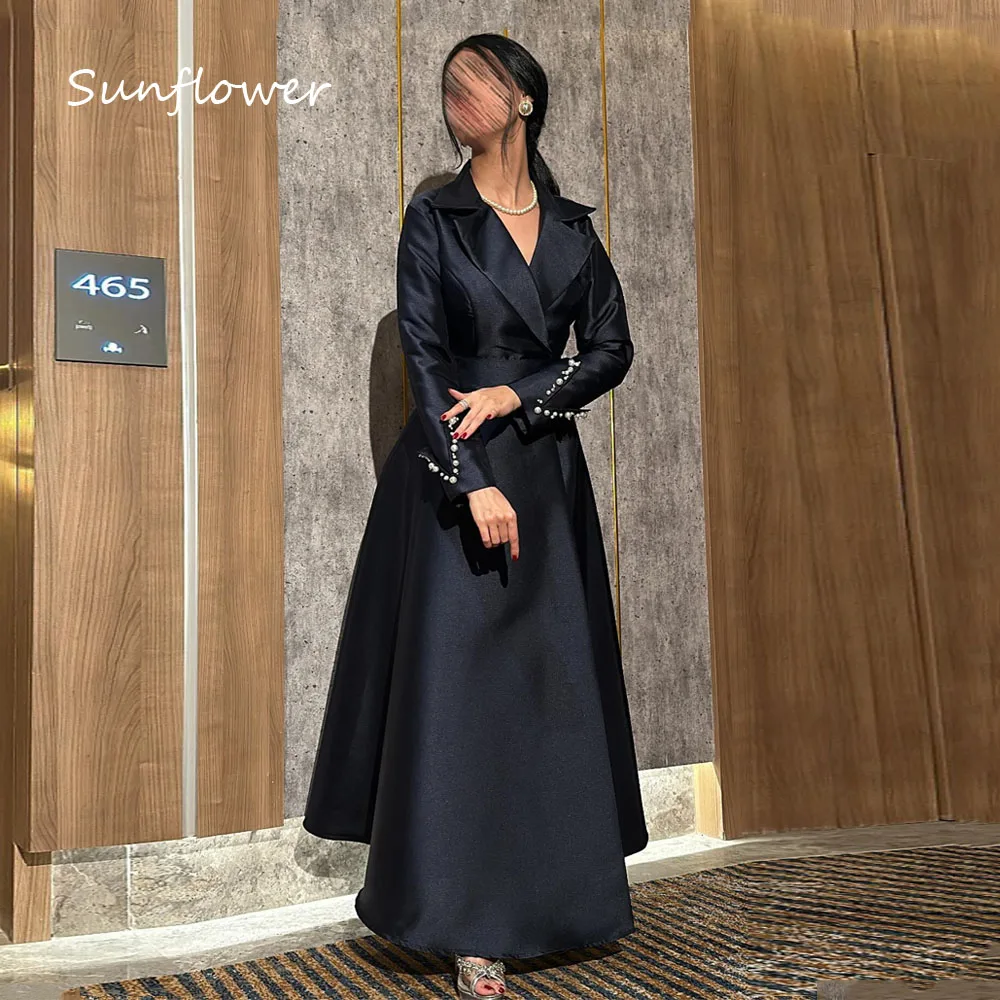 

Sunflower Black Satin V-Neck A-LINE 2024 Slim Beading Long Sleeve Ocassion Gown Floor-Length Formal Evening Dress