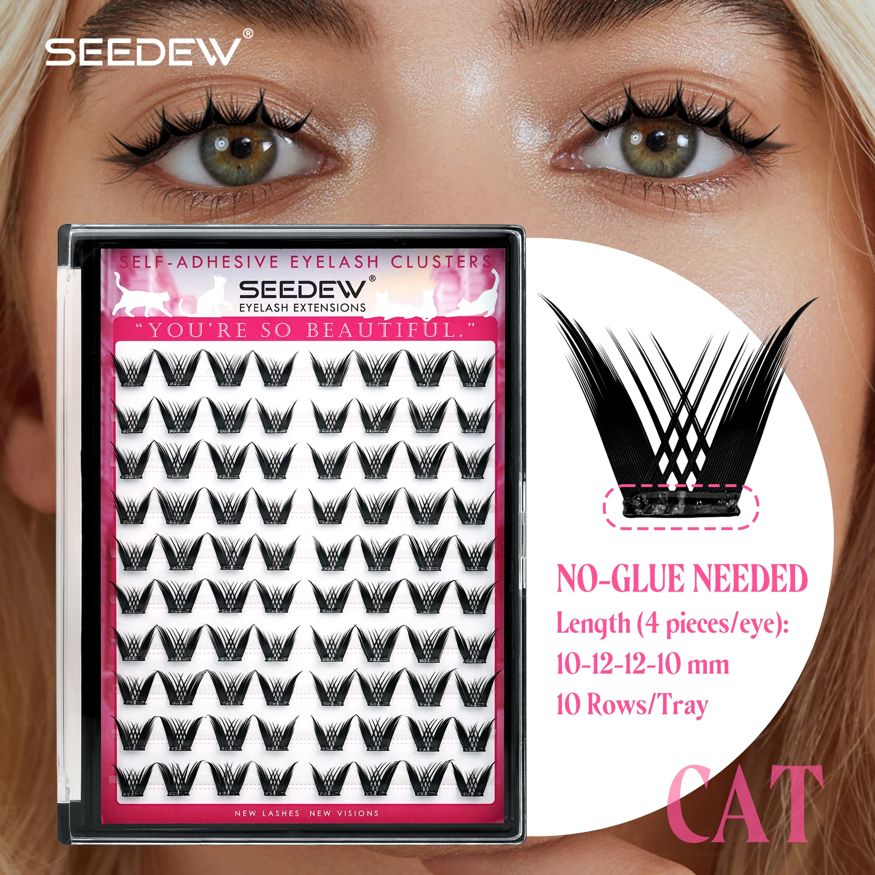 Seedew 80Pcs Cat Style Self Adhesive Eyelashes Cluster Lashes 0.07 C DIY Lashes Extension NO Glue Needed Individual Lashes