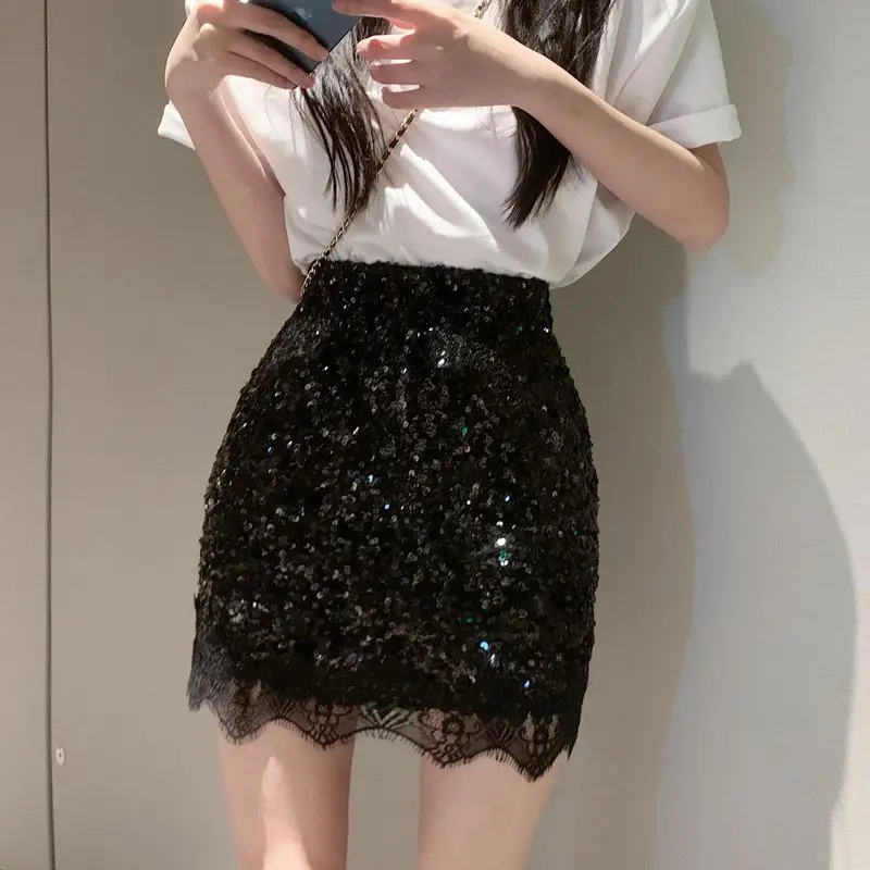 Skirt female summer new royal elder sister Fan Mingyuan temperament sequined lace stitching high waist slim hip skirt