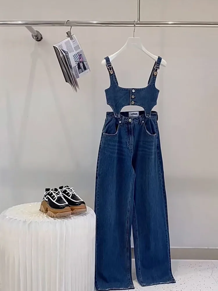 

Blue Denim Overalls Spring Summer New Women's Design Sensation Hong Kong Sle Retro Two-Way Wear High Waist Straight Leg Jeans