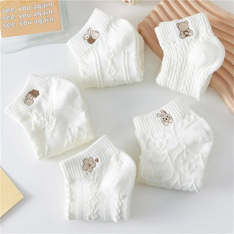 5pairs Women Socks Spring Summer Autumn White Cute Bear Rabbit Rainbow Print Ankle Socks Casual Breathable Short Socks