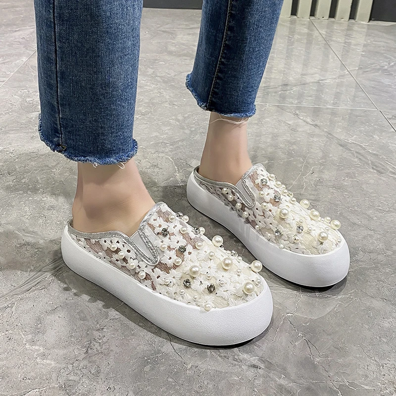 

Lucyever breathable mesh shoes for women sneakers 2022 summer comfortable soft sole flats woman pearl embroidery slip on sapatos