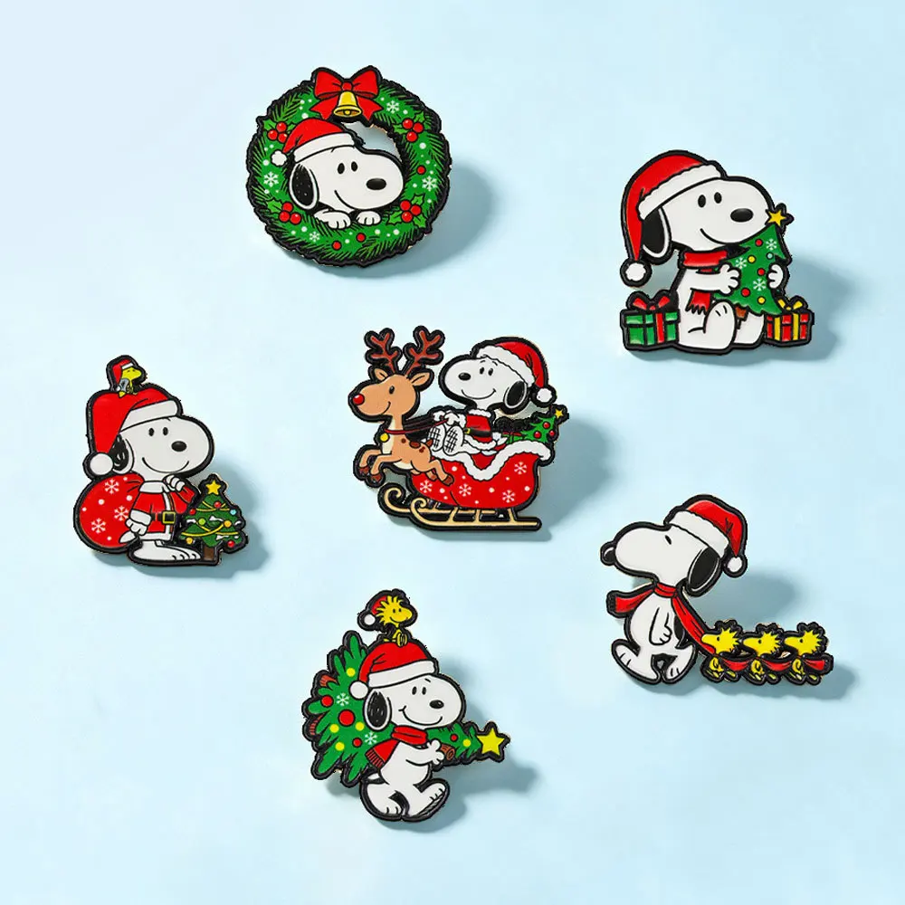 6pcs Christmas Snoopy Drop Oil Pin Cartoon Puppy Christmas Tree Wreath Sled Anime Accessories Metal Decoration Badge