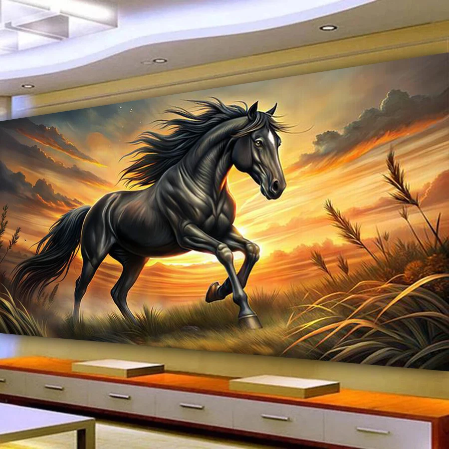 

Sunset Grassland Black Horse Picture Large Size New Diy Diamond Art For Adults Painting Animals Full Mosaic Embroidery Kits