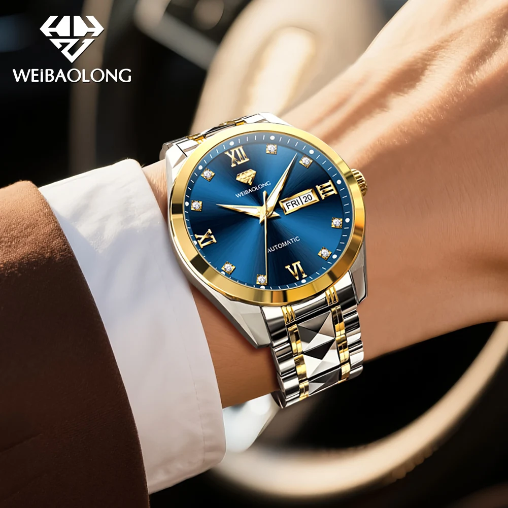 ساعة WEIBAOLONG 3803 الماسية الحقيقية للرجال مستوردة بحركة أوتوماتيكية ساعة يد ميكانيكية للأعمال