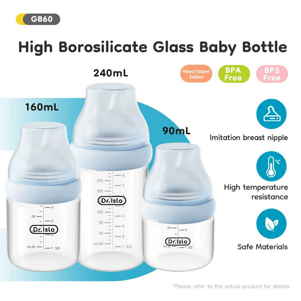Biberón de vidrio inclinado con forma de seno, 90/160/240ML, anticólicos y antiespalmo, resistente a la temperatura, para recién nacidos de 0 a 6 meses + GB60