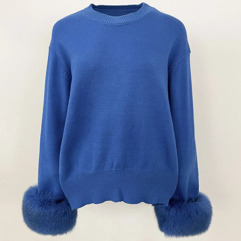 

European American 2024 New Autumn Winter Knitted Sweater O-neck Loose Solid Color Sweater Detachable Real Fox Fur Cuff Sweater
