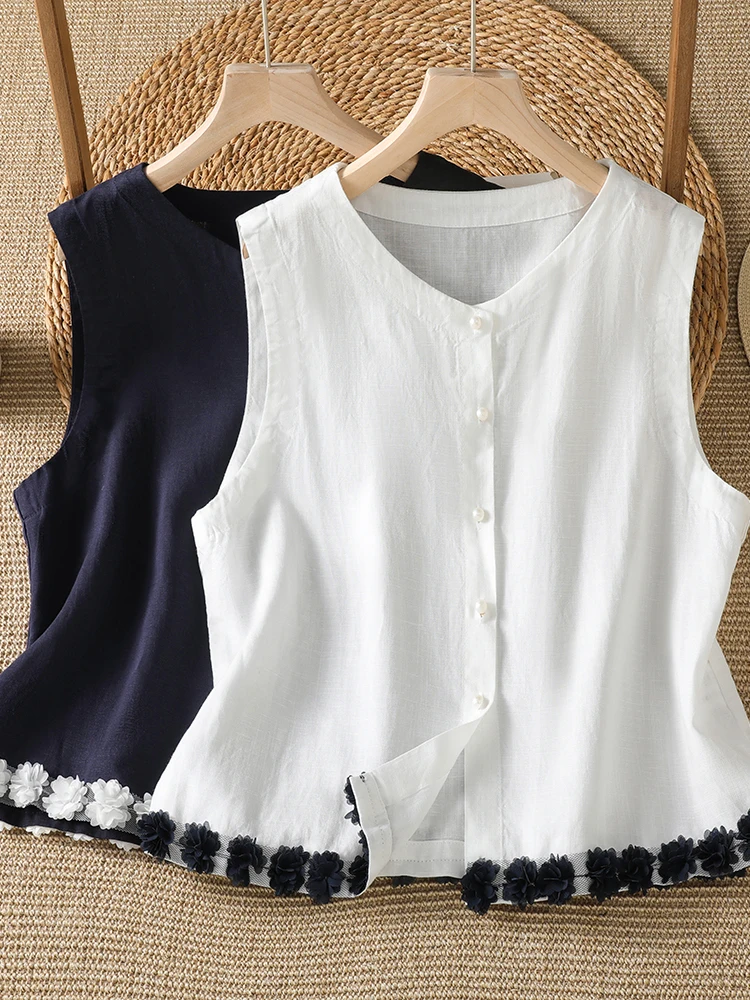 

Summer Outerwear Women's Vest 2026 Anti-Aging Linen 3D Flower Design Versatile Large Size Fashionable Top Casual round Neck