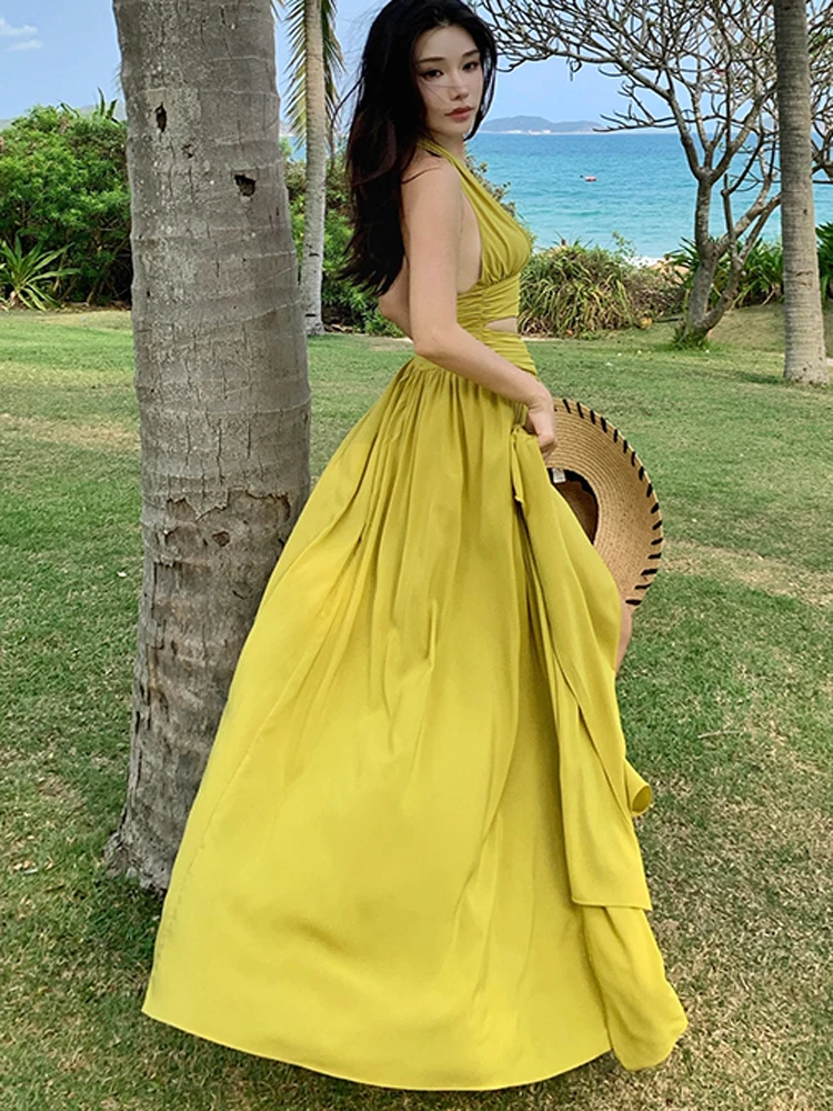 Boho Vacation Maxi Dress Summer Ladies Sexy scollo a V Backless femminile Hollow a vita alta Casual Split Beach Party Dress RObe