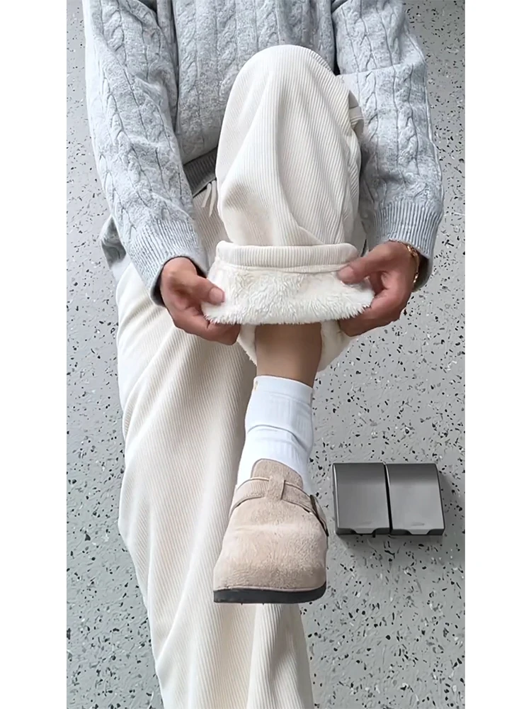 

Мужские вельветовые брюки на подкладке, повседневные прямые теплые зимние брюки, широкие брюки в американском стиле, свободный крой с эластичной резинкой на талии