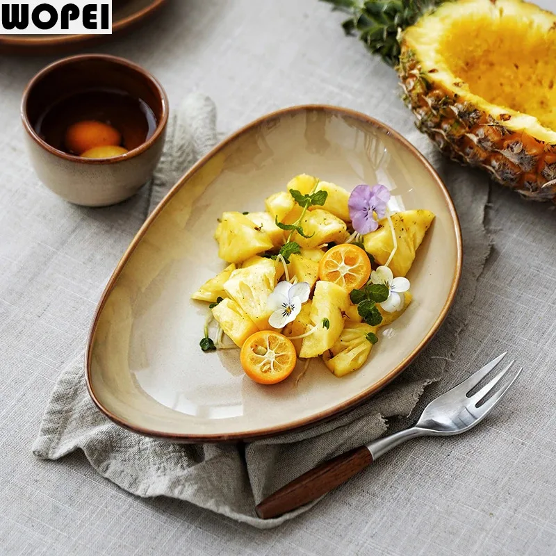 Kiln Change Triangle Deep Plate Ceramic Sushi Dim Sum Dish Salad Plate Sashimi Dish Thick Soup Plate Retro Japanese Tableware