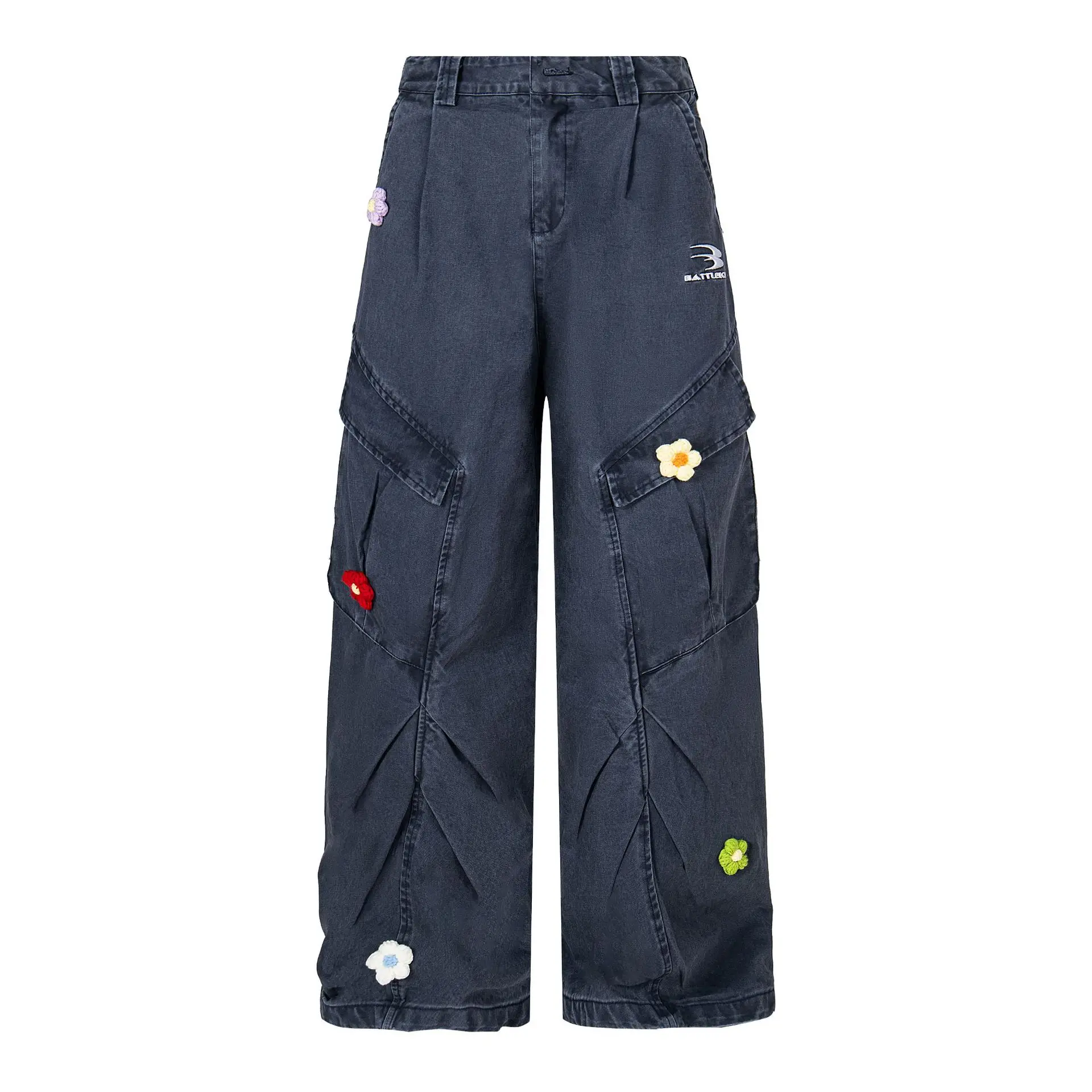 레트로 아메리칸 꽃잎 자수 크리에이티브 레터 웨이드 워크웨어 청바지 루즈 와이드 레그 남성 캐주얼 스트레이트 컷 코튼 데님