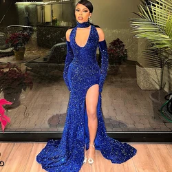 Blue Mermaid Prom Dresses Halter Detachable Sleeve Side Split Sweep Train Sequins Africa Women Birthday Party Gowns Customized