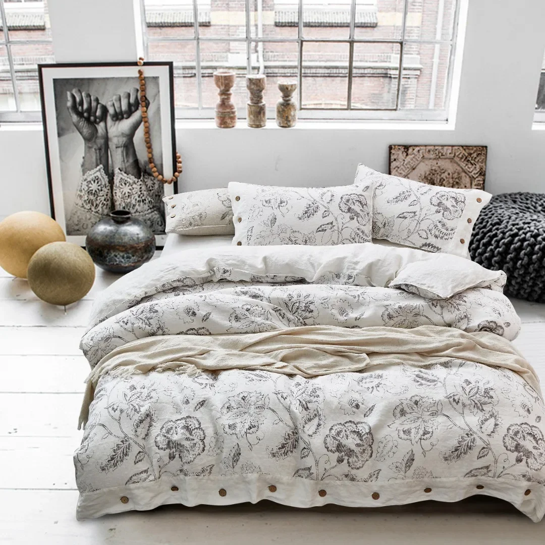 

High-grade White Linen Flower Print Duvet Cover Pillow Covers 4 Piece Bedding Set Supplier