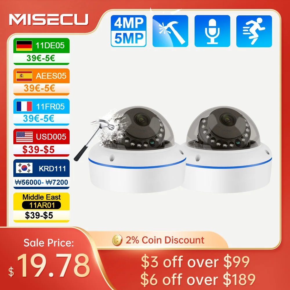 Misecu HD 5MP 4MP H.265 POE IP Camera Home Security Protection 1/2/3/4 PCS Vandalproof Dome Security Home Surveillance Cameras