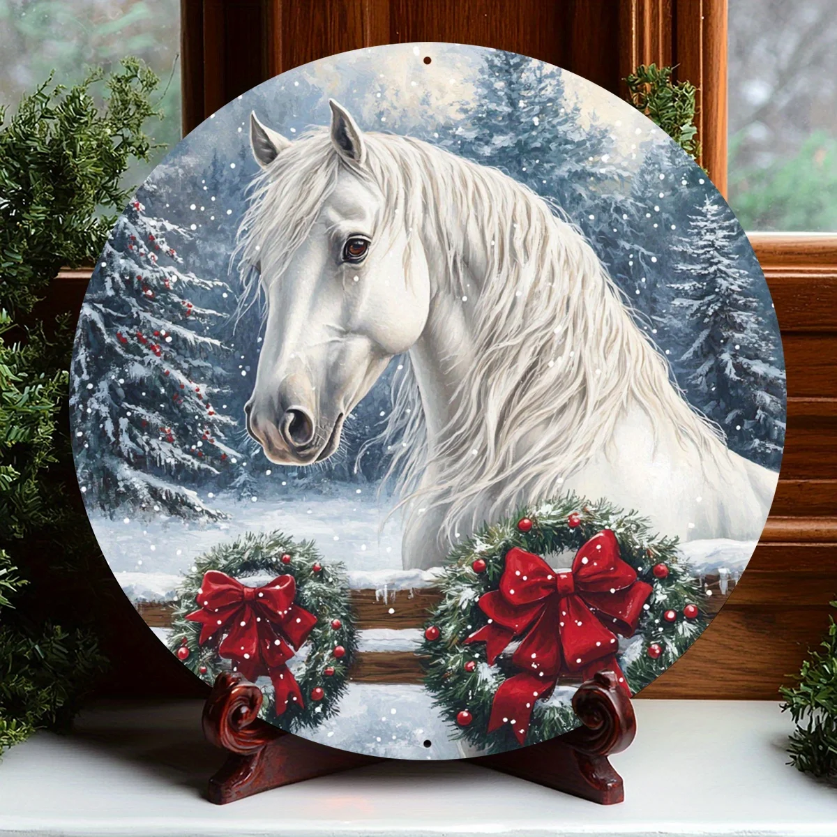 2D flach, 1 Stück Vintage rundes Aluminium-Wandkunstschild – weißes Pferd im Schnee mit Weihnachtskranz-Design, 20,3 x 20,3 cm, rustikales Bauernhaus