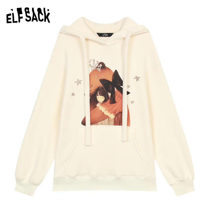 ELFSACK 2024 Winter New Arrivals Maillard Cartoon Printed Velvet Hoodie for Women, Loose Casual Top