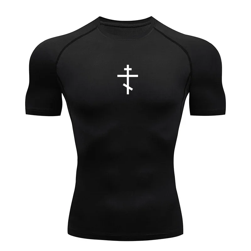 

Cross Print Compression Shirt for Men Christian Athletic Tshirt Tees Tops Gym Workout Fitness Running Baselayers Undershirts