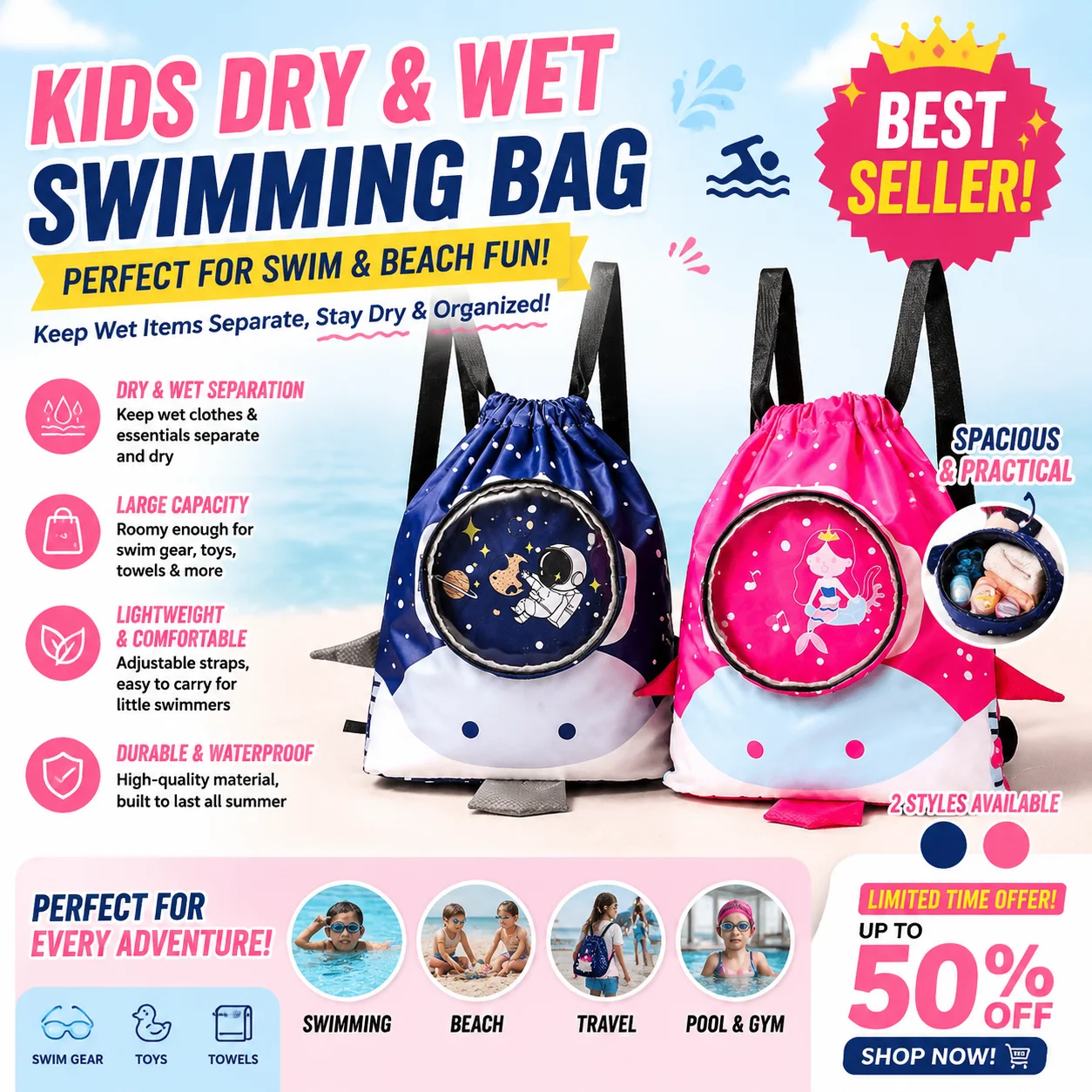 

Swimming bag, dry wet separation storage bag, cartoon cute beach bag, large capacity bundle pocket, portable backpack