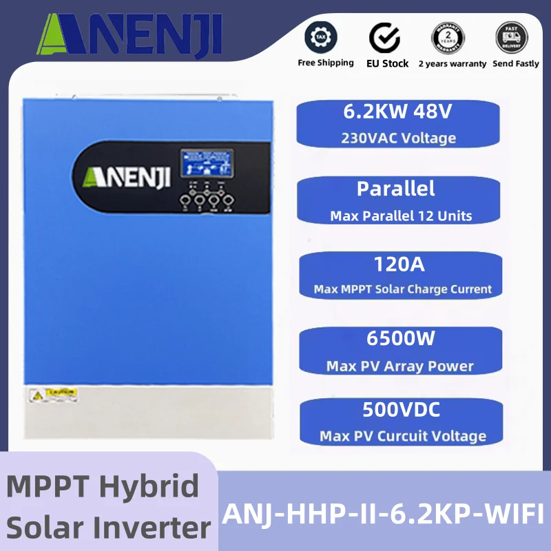 6.2KW 48V Hybrid Solar Inverter Support Parallel MPPT 120A 500VDC PV Solar Charger Pure Sine Wave 220V Off-Grid Solar Inverter