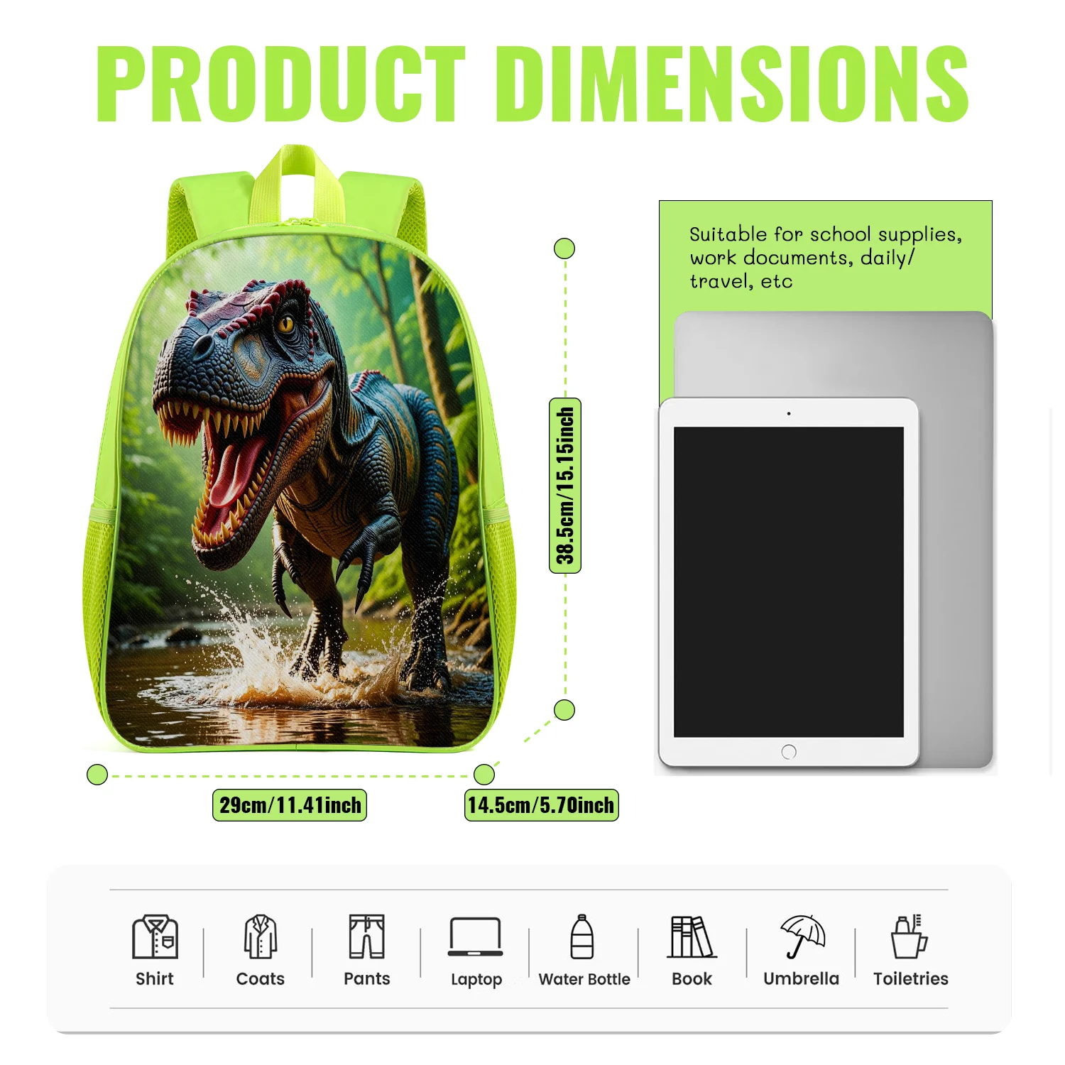 Bold Green Dinosaur T-Rex Backpack Lightweight School Bookbag with Jungle River Splash Print Adjustable Padded Straps
