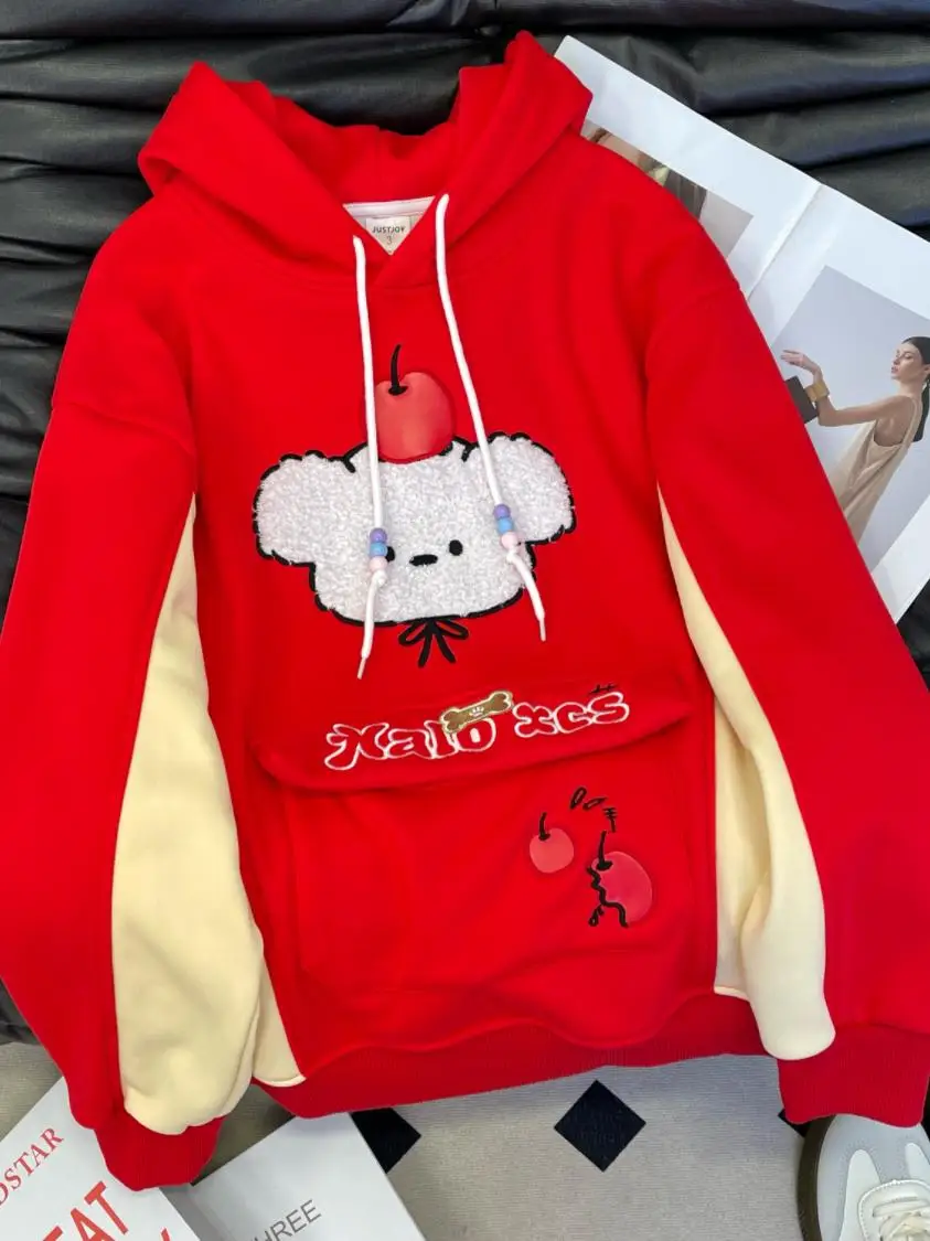 

Red Fce Lined Sweatirt Sweet Cartoon Dog Print Oversized Hoodie Youthful Winter Outerwear for Women Ages 8-24