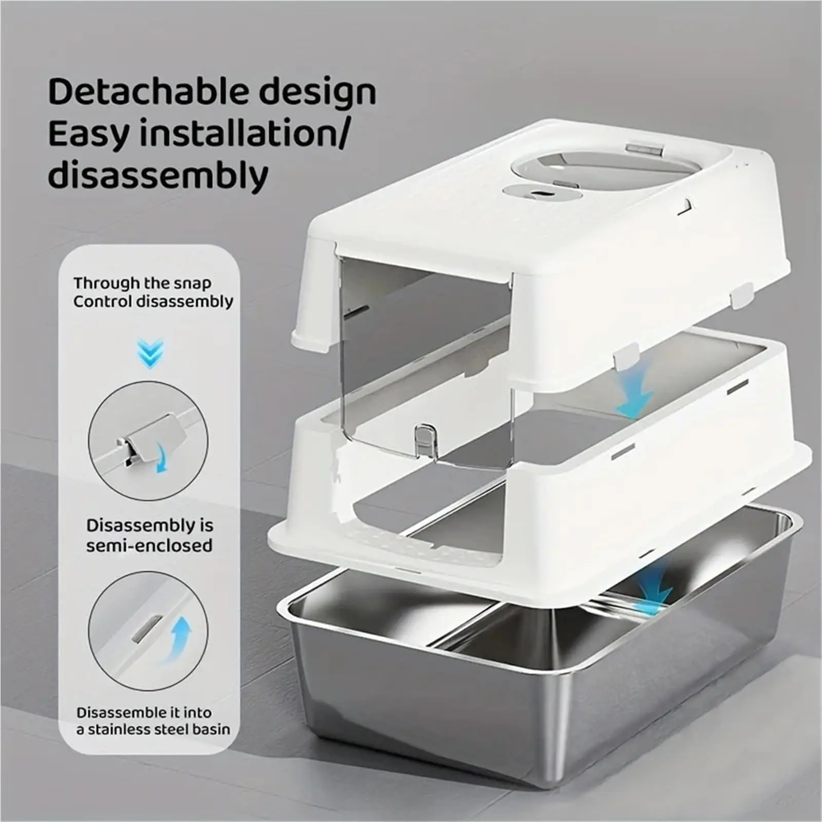 Extra-Large XXL Enclosed Cat Litter Box for Cats, Stainless Steel, with Lid and Scoop Non-Stick, Leak-Proof, Odorless Easy Clean view 4