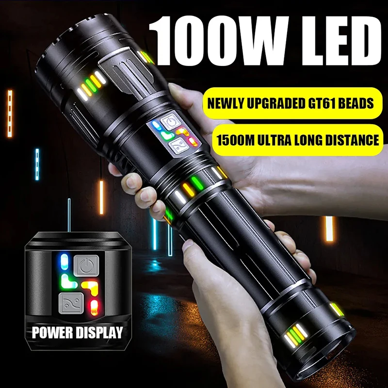 Powerful Long Range LED Flashlight Super Bright Zoomable Tactical Torch Type-C Rechargeable WIth Power Display Emergency Torch