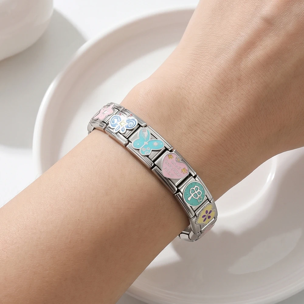 GEMOSA Buntes Schmetterlings-Emaille Trendiges Niedliches Herz Italienisches Gliederarmband 9mm Edelstahl DIY Charm-Schmuck – Detail 4
