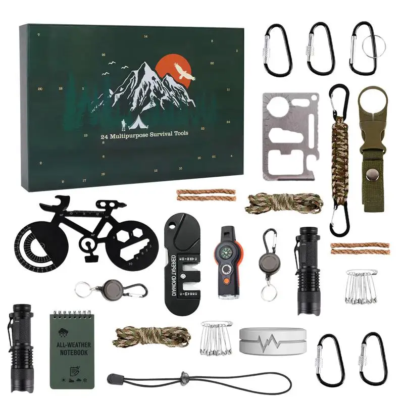 Advent Calendar Survival Kits for Men 24 Days Christmas Countdown Calendar Outdoor Camping Supplies Multi Tools Set Xmas Gifts