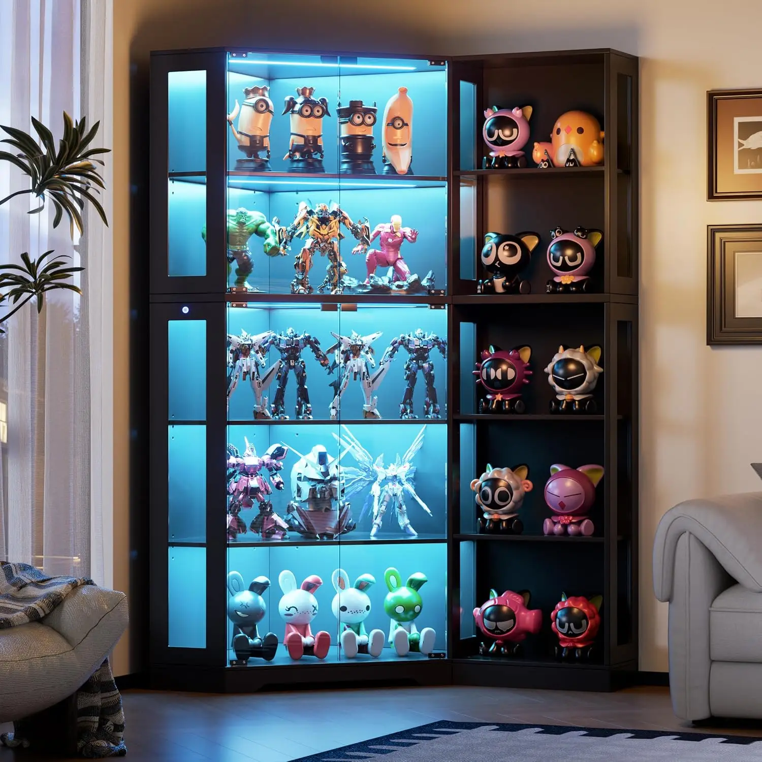 Corner Curio Cabinet Glass Doors LED Lights Collectibles Display Storage Living Room Black, Customized