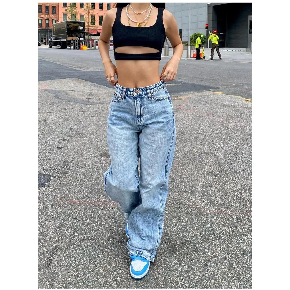 Celana Jeans Wanita Kasual Slim Fit Pinggang Tinggi Model Lurus Bahan Denim Ringan untuk Wanita Muda Musim Semi