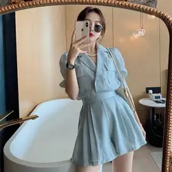 Summer Solid Korean Style Y2K Women Two Piece Outfits Puff Sleeve Pockets Casual Lady Suit Chiffon Fashion Two Piece Short Sets