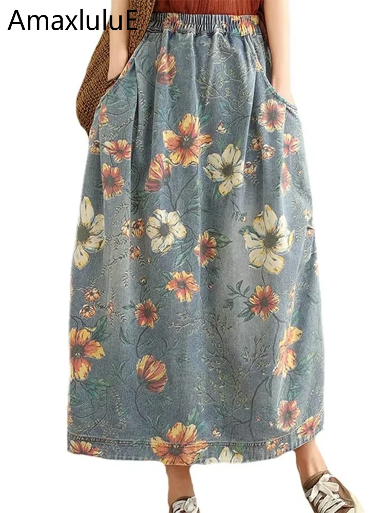 

Amax luluE 2024 Spring Fashion Loose Denim Skirts Womens Printed Floral Leisure Vintage Clothes Ladies Classic Luxury Streetwear