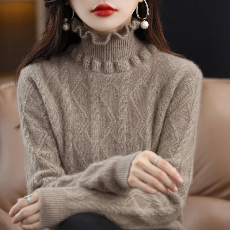 

2024 Autumn/Winter New Knitted Ear Collar 100% Pure Wool Sweater for Women, Loose and Fashionable Thick Knitted Sweater