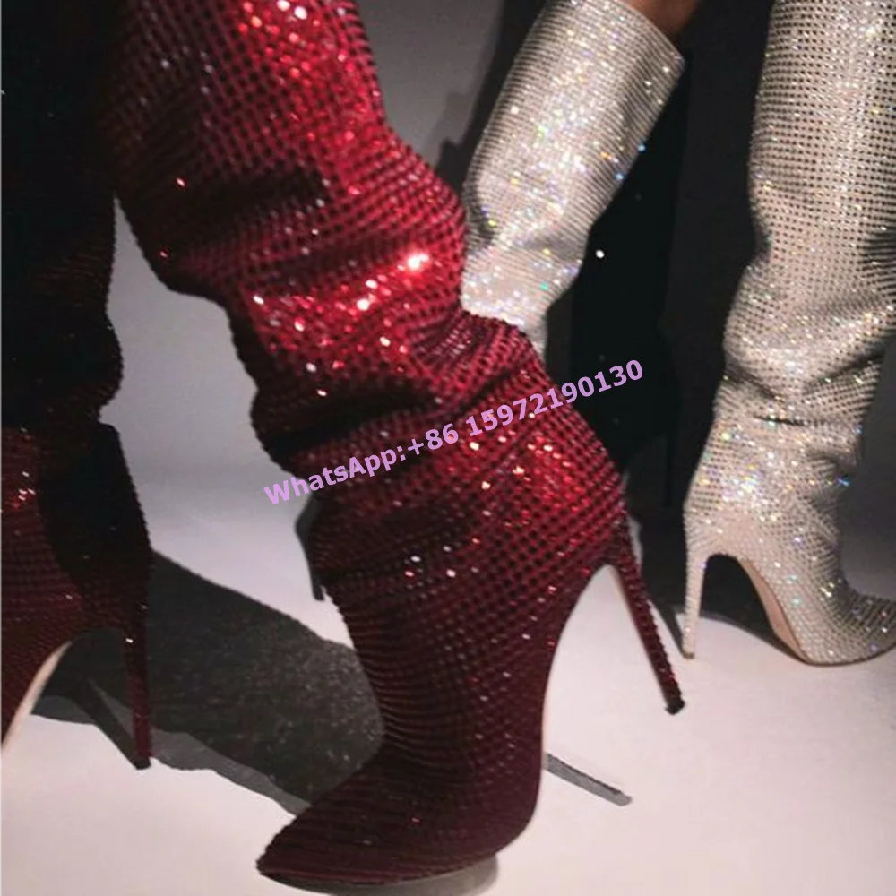 

Rhinestone Bling Stage Boots Pointy Toe Thin Heels Slip On Solid Sexy Luxury Knee High Boots Women's Runway Fashion Shoes 2025