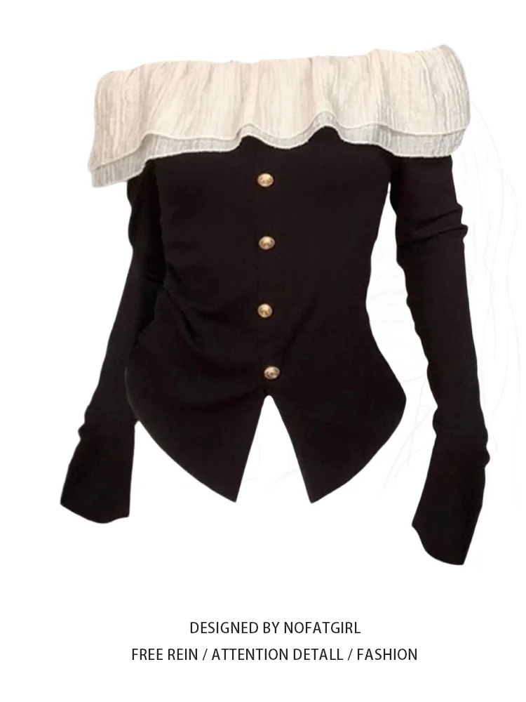 

Women's Black Shirts Lace Patchwork Bow Blouses Y2k 90s Vintage Elegant Cute 2000s Long Sleeve Slash Neck Shirt Clothes