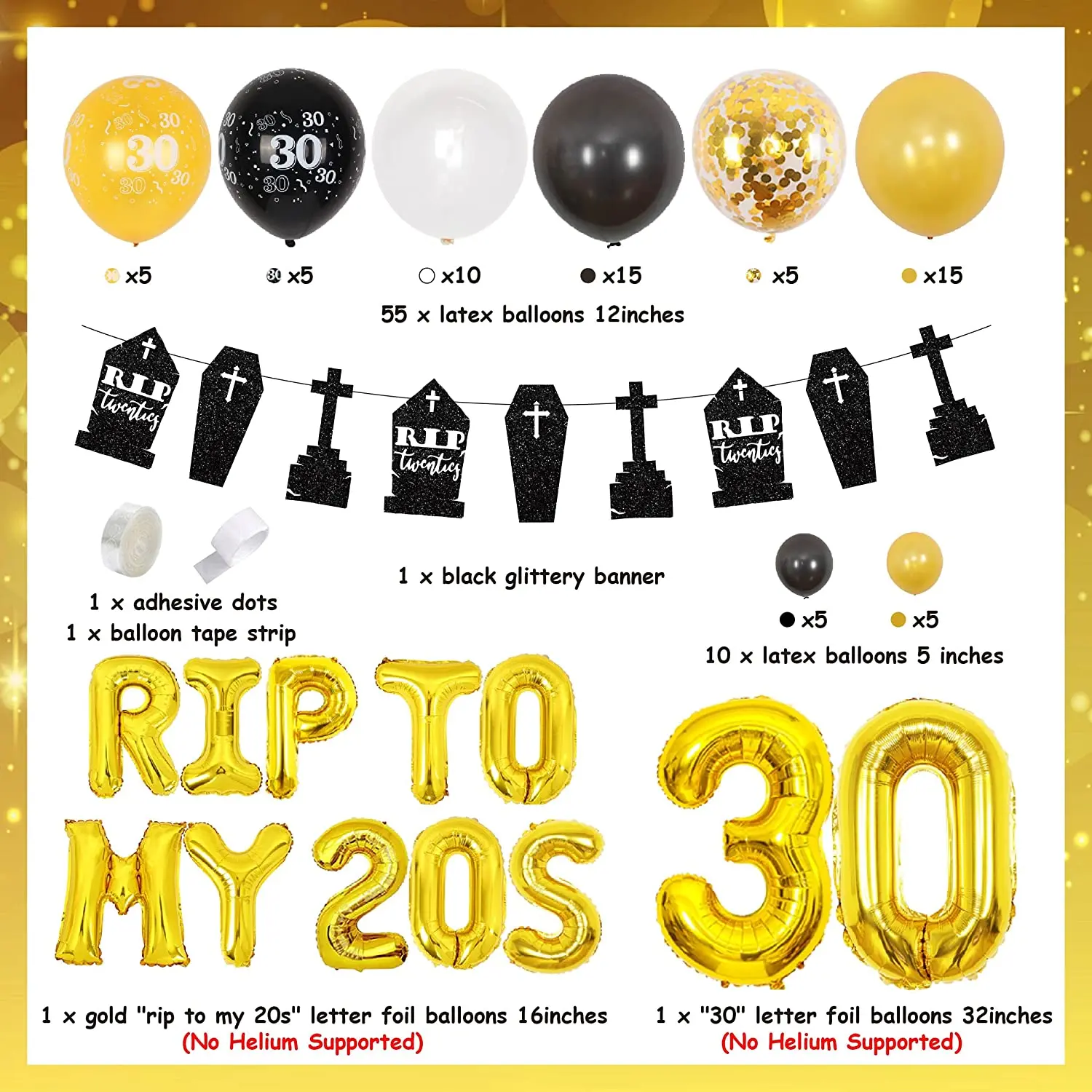 Rip Twenties 30th Birthday Decoration for Women Men Black and Gold Rip To My 20s Balloons Funny Thrity Birthday Party Supplies