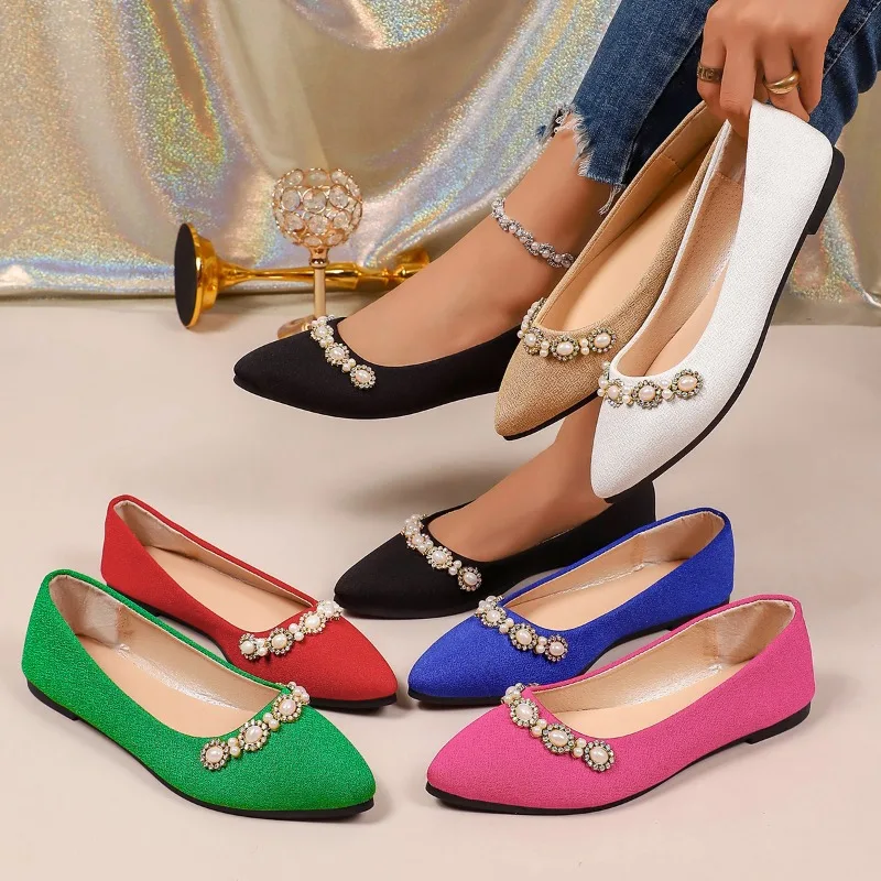 Rhinestone Pointed Single Shoes Black Suede Shallow Mouth Women Flats Casual Round Toe Slip on Shallow Ladies Shoes Женская Обув