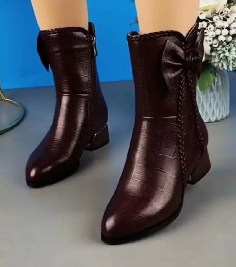 Cowboy Boots for Women High-top Faux Leather Winter Shoes Retro Womens Boots Heeled Ankle Boot Western Warm Plush Botas De Mujer