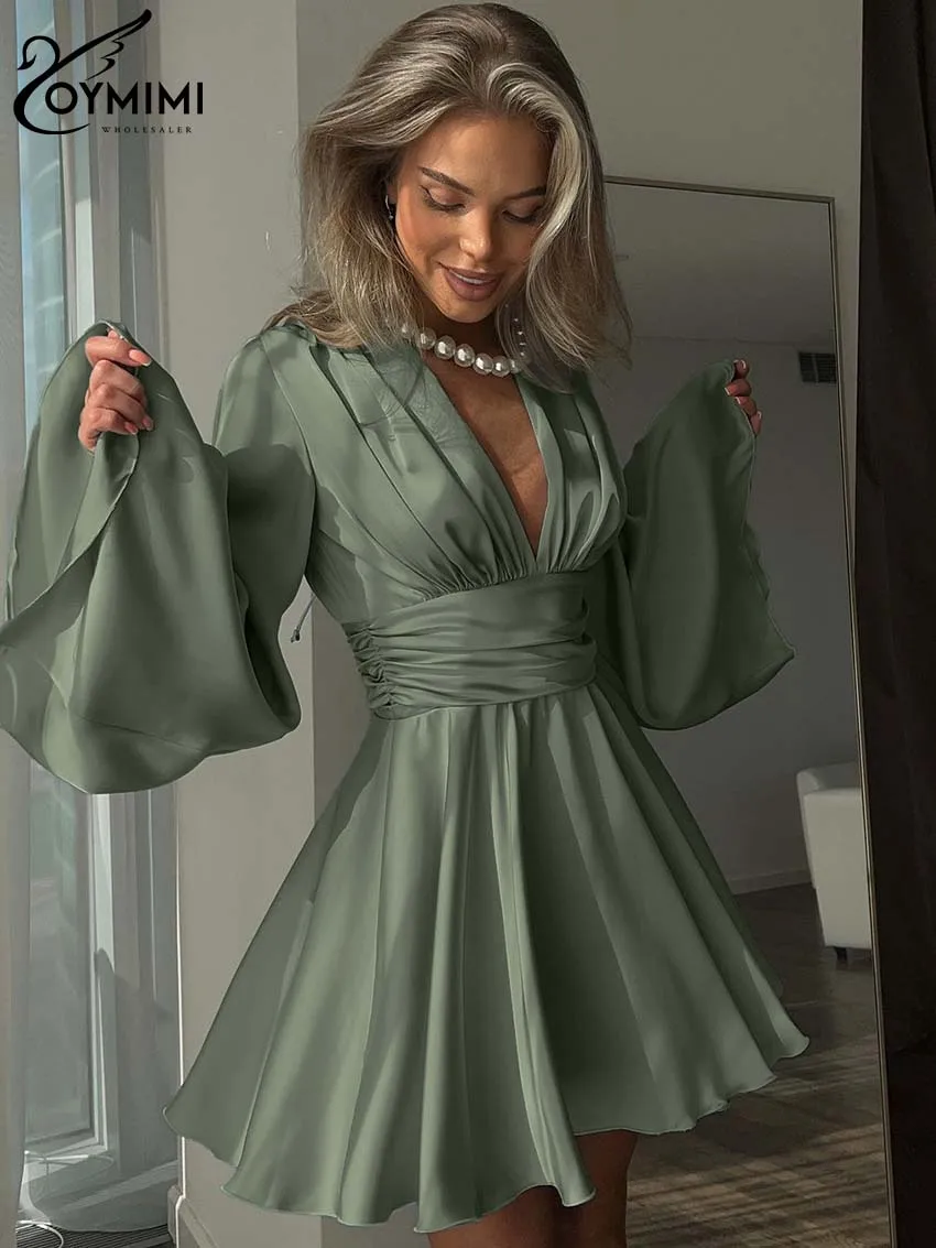 Oymimi Fashion Green Satin Women\'s Dress Elegant Deep V-Neck Long Sleeve Dresses Autumn High Waist Pleated Mini Dresses Female