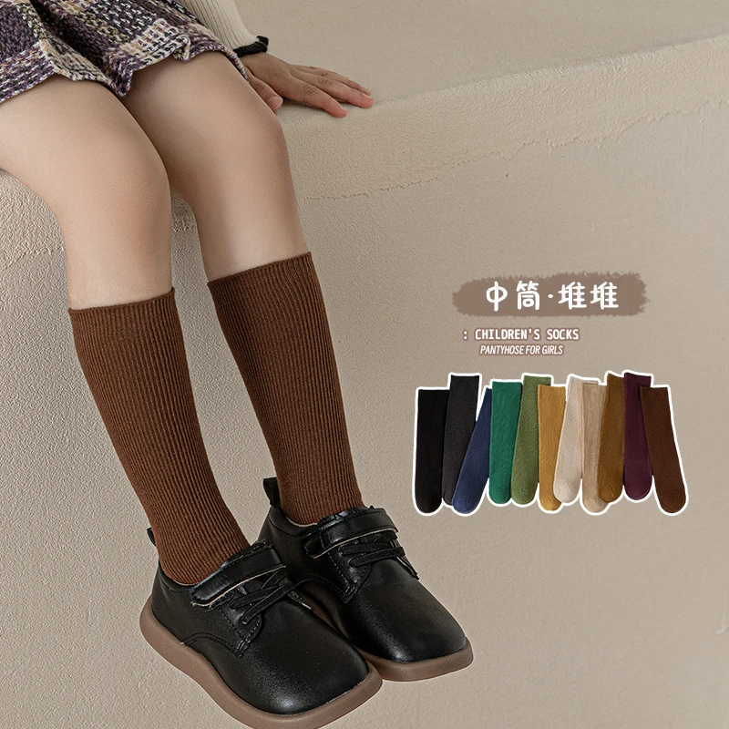 Korean Style Children Mid Calf Socks Spring Autumn Solid Thin Vertical Stripe Multiple Colors Seamless Toe Girls Soft Calf Socks