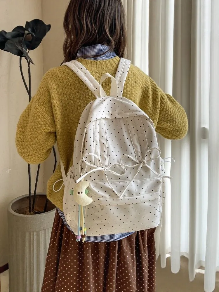 Japanese Girl Polka Dot Backpack, Women's Large Capacity Lightweight Student Backpack Korean Version Ins Style Cute Backpack