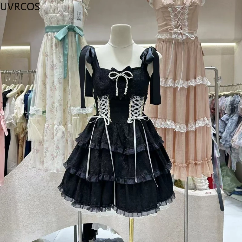 Japanese Style Kawaii Lolita Jsk Dress Women Vintage Sweet Lace Bow Ruffles Tiered Cake Dresses Harajuku Y2k Slim Bandage Dress