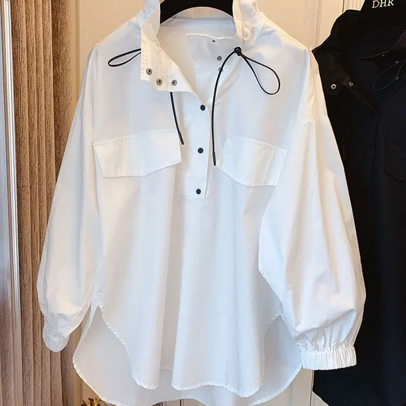 

Korean Loose Female Clothing Stylish Button Drawstring Basic Casual Long Sleeve Shirt Spring Autumn Stand Collar Blouse Commute