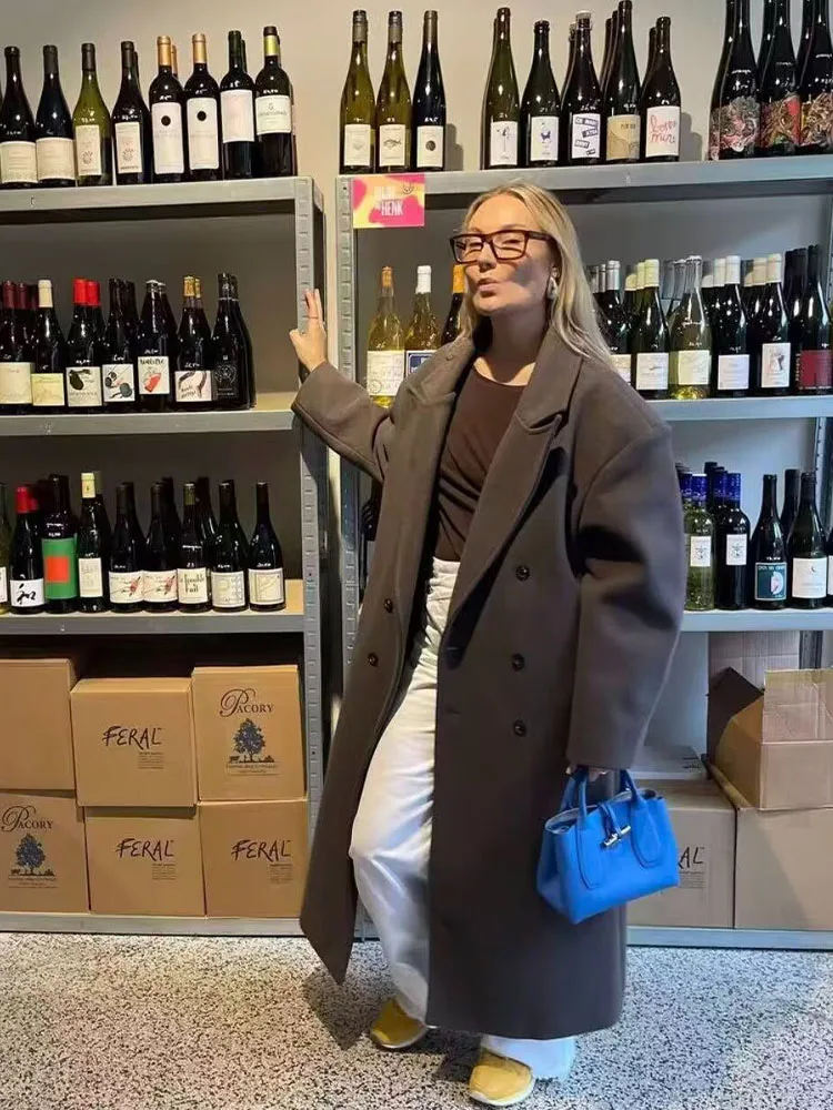 HH Woman Fashion Solid Long Sleeves Double Breasted Lapel Long Coat Female Versatile Casual Commuting Winter Long Overcoat